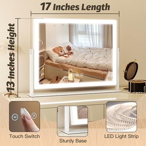 HNV Hollywood Vanity Mirror with Lights, 16.3"x12.6" Lighted Makeup Mirror with 10X Magnification, 3 Color LED, Smart Touch & 360¡Æ Rotation, Tabletop (White)