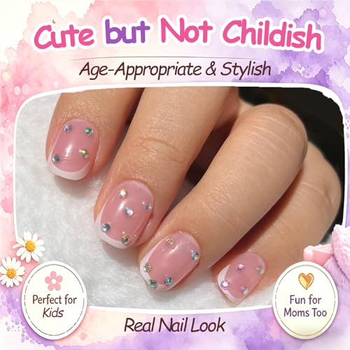 24pcs Kids Press on Nails with 3D Rhinestones - Non-Toxic Fashion Kit