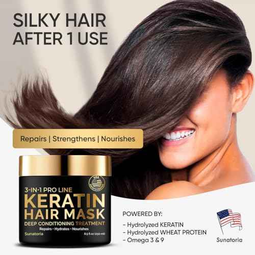 SUNATORIA Keratin Hair Mask - Deep Conditioner for Dry Damaged Hair - Hydrates, Repairs, Nourishes - Keratin Hair Treatment - Deep Conditioning Hair Mask - Keratina Mascarilla Para el Cabello