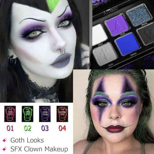 Afflano Goth Eyeshadow Palette Purple Blue, Multichrome Chrome Blue Purple Matte Black White Grey Dark Eye Shade, Gothic Halloween Makeup Eye Shadow Pallet for Joker Clown Cosplay SFX Makeup Costume