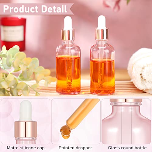 Nuogo 50 Pack Eye Dropper Bottle with Caps, 2oz Glass Bottles Bulk with 5 Droppers for Essential Oils, 3 Plastic Funnels, 30 Labels Stickers for Perfume Liquid Body Oil Beauty Oil(Pink)