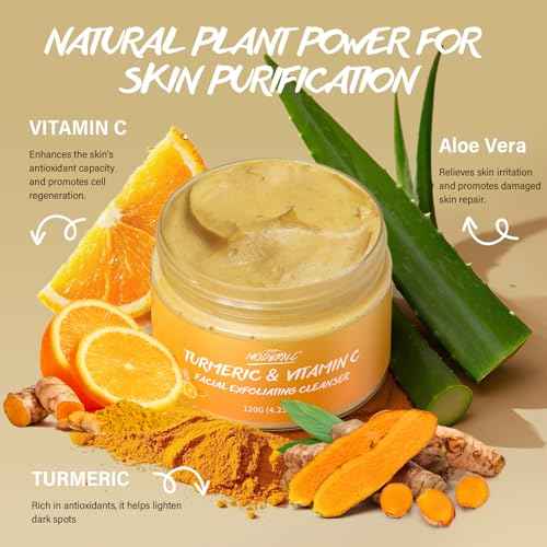 Turmeric Exfoliating Face Wash Vitamin C Facial Cleanser Microdermabrasion Exfoliator Face Scrub Foaming Cleanser Removing Blackhead Acne Moisturizing Soft Natural Skin Care for Women Men
