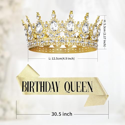 Onedor Gold Clear Queen Crown Tiara & Sash Birthday Cake Topper Party Decor