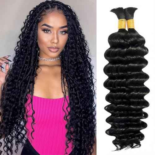 Human Braiding Hair 2 Bundles 100g 24 Inch Deep Wave Bulk 100% Human Hair for Braiding No Weft 12A Brazilian Virgin Human Hair Extensions for Boho Braids Natural Black