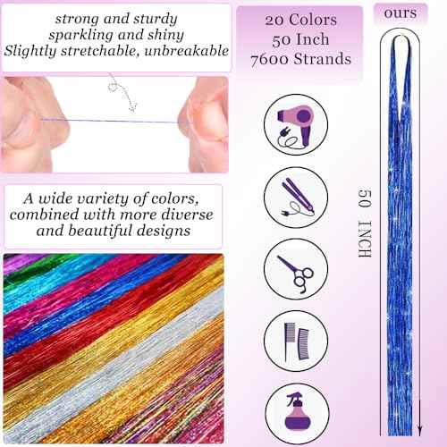 Hair Tinsel kit 20 Colors with Tools, 50 Inch Fairy Hair Tinsel Kit Extensions, 8600 Heat Resistant Holographic Glitter Strands Sparkle Party Halloween Cosplay Hair Accessories for Girls (20 Colors)