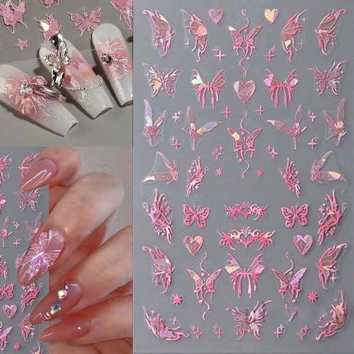 8pcs Metallic Silver Butterfly Nail Stickers 3D Laser Black Butterfly Nail Decals Aurora Butterfly Nail Art Stickers Pink Butterfly Stickers for Nails DIY Butterflies Nail Sticker Women Nail Supplies