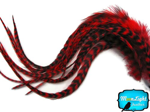 XL Red Grizzly Hair Extension Feathers - 6 Pieces