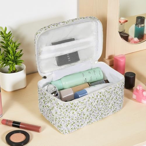 1pc Large Makeup Bag, Cute Cosmetic Bag for Women Girls, Floral Coquette Aesthetic Toiletry Bag, Travel Make Up Organizer Bag (Purple Floral Print