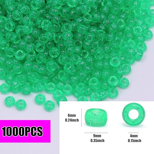 Auvoau 1000Pcs Pony Beads Bracelet 9mm Green Glitter Plastic Barrel Pony Beads for Necklace,Hair Beads for Braids for Girls,Key Chain,Jewelry Making (Green Glitter)