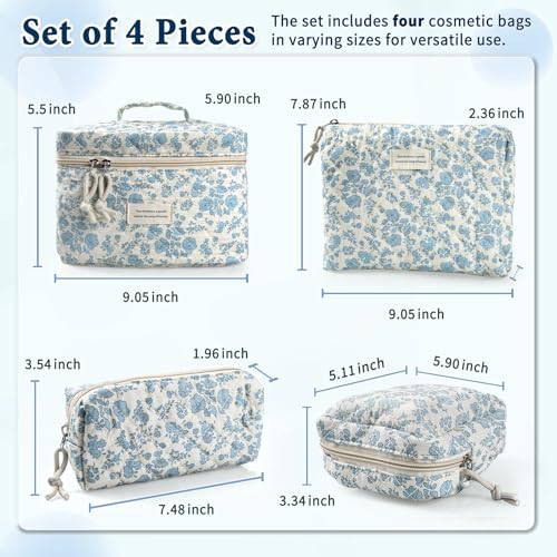 NATINSA 4-Piece Sky Blue Quilted Cosmetic & Travel Makeup Bag Set for Women