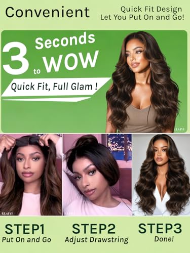 KLAIYI Loose Body Wave Lace Front Wig with Drawstring, 7x5 No Slip, Golden Brown Highlights, 16 Inch, Pre-Plucked, Bleached Knots, Ready to Wear