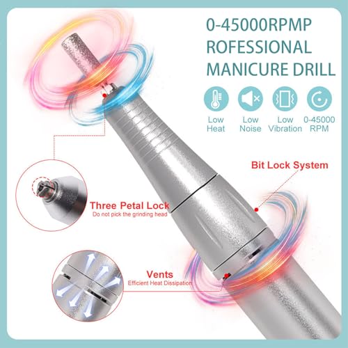 Yunir Electric Nail Drill Machine Portable, Rechargeable 45000rpm Speed Manicure Pedicure Kit, Nail Grinding Tool with Multiple Grinding Heads, for Nail Grind Trim Polish