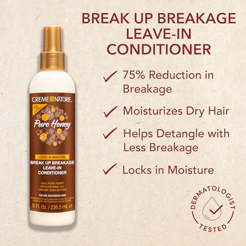 Creme of Nature Pure Honey Leave-In Conditioner, Moisture-Rich Detangler for Dry, Damaged Hair, With Coconut Oil & Shea Butter, Sulfate-Free Formula, 8 oz