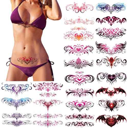 24 Sheets Sexy Belly Temporary Tattoos Black Red Heart Navel Waterproof Tattoo Stickers Bust Stomach Waist Back Fake Body Tattoos for Women Girls