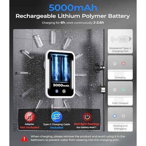 Gospire Heated Shower Mirror Fogless for Shaving with Light, 5000mAh Rechargeable Battery, Detachable Suction Cup and Razor Holder for Wall, NO-Drilling, Removable, Waterproof for Bathroom - White