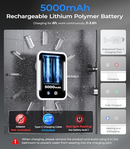 Gospire Heated Fogless Shower Mirror with LED Light & 5000mAh Battery