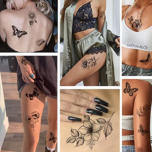 Black Flower Butterfly Temporary Tattoos for Women - 6 Sheets