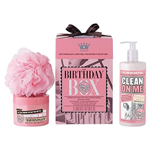 Soap & Glory The Birthday Box - Clean On Me Shower Gel, The Righteous Butter Body Butter with Shea Butter & Shower Puff - Rose & Bergamont Scented Birthday Gift Set - 3 Piece Shower Set