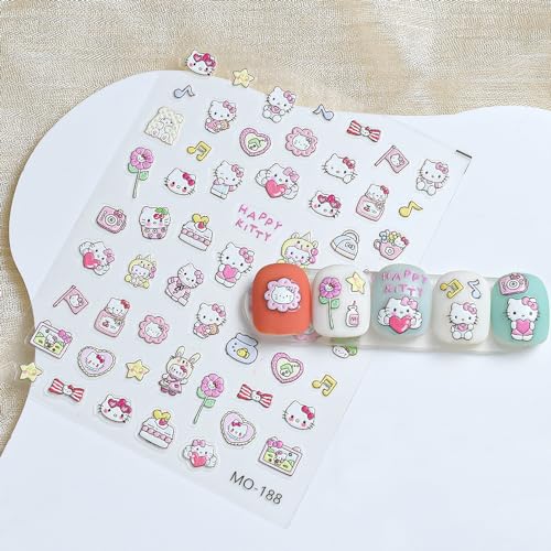 4 Sheets 5D Anime Cartoon Nail Stickers Cute Nail Art Stickers - Relief Flowers Rabbit Clouds Camellia Butterfly Wishing Bottle Nail Decals for Press on Nails Self Adhesive Decorations