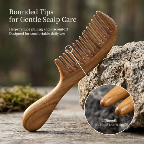 Onedor Green Sandalwood Wide Tooth Hair Comb - Natural Anti-Static Wooden Detangler