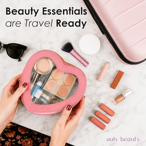 Heart Makeup Bag ? Pink Heart Cosmetic Bag with Clear Cover ? Gift Ideas for Women, Mom, Girlfriends, Her - Large Capacity for Full Size Makeup, Skincare and Brushes