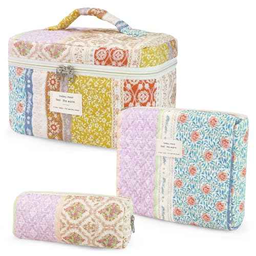 3Pcs Cotton Quilted Makeup Bag for Women Girls, Large Floral Cosmetic Bag Set Cute Makeup Brushes Aesthetic Accessories Storage Bag Travel Toiletry Bag Organizer for Women