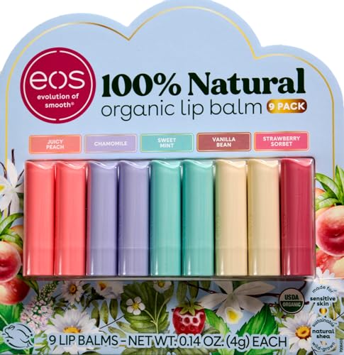 EOS Organic Lip Balm Juicy Peach Chamomile Mint Vanilla Strawberry, 9 Pack