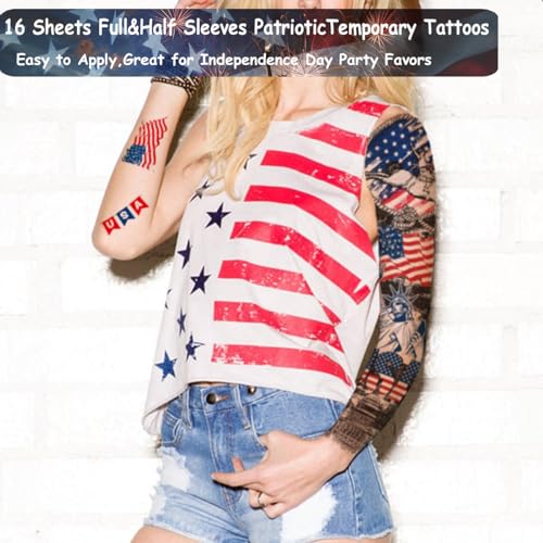 4th of July Temporary Tattoos - 16 Mixed American Flag Designs
