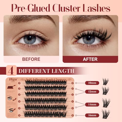 Higu clace Self Adhesive Eyelashes Volume Pre Glued lash clusters kit Mix 10-16mm, Preglued Eyelash No Glue Needed Easy to Use, DIY Eyelash clusters(AD11)