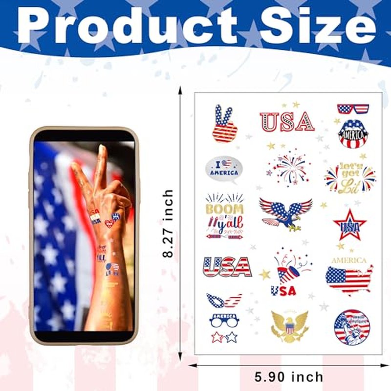 188 PCS 12 Sheets Independence Day Temporary Tattoo Set, 4th of July Face and Body Stickers, Patriotic Parade Accessories, Long Lasting Pentagram Temporary Tattoo Stickers, July 4th Accessories bulk