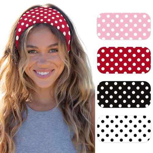 Womens Polka Dot Headband - 4PCS Head Bands for Women's Hair Stretchy Non Slip Wraps Fashion Soft Wide Headbands Yoga Workout Hair Accessories