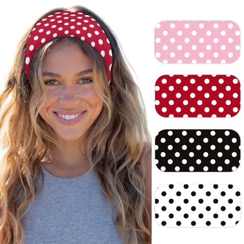 Womens Polka Dot Headband - 4PCS Head Bands for Women's Hair Stretchy Non Slip Wraps Fashion Soft Wide Headbands Yoga Workout Hair Accessories