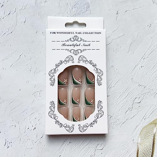 French Press on Nails Medium Fake Nails Square False Nails with Flower Design Green White Nail Tip Full Cover Glossy Artificial Nails Spring Summer Stick on Nails Flower Glue on Nails for Women Girls