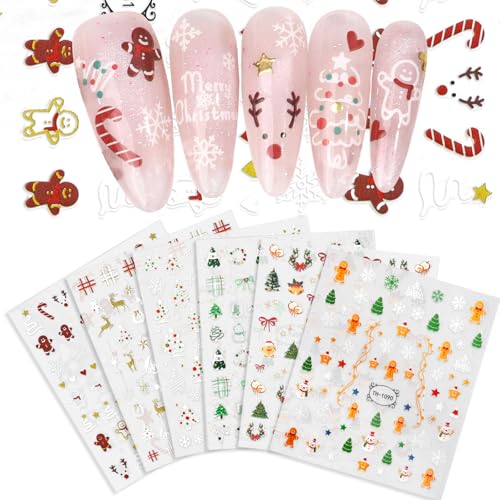 6 Sheets Christmas Nail Art Stickers, 3D Self-Adhesive Snowflake Elk Gingerbread Men Snowman Xmas Tree Design, DIY Christmas Nail Decals for Women, Winter Holiday Nail Decorations