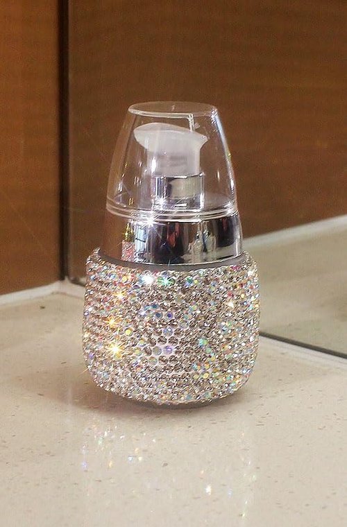 Rhinestone Travel Portable 30ml Lotion Dispensing Empty Bottle - Luxury Bling Glass Cosmetic Empty Container - Press Pump Design for Easy Dispensing - Ideal for Beauty On-The-Go (Silver)