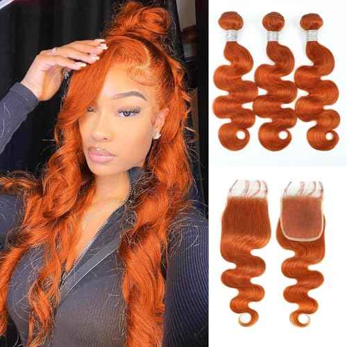 12A Ginger 3 Bundles With 4x4 HD Lace Closure Human Hair Body Wave 16 18 20+16 IN, 100% Brazilian Virgin Hair Soft And Shed-Free Copper Ginger 350 Body Wave Bundles With Closure Pre Plucked
