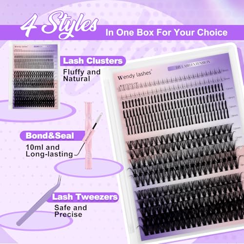 DIY Wispy Lash Extension Kit Individual Spike Manga Lash Clusters Kit with Bottom Lashes, Lash Bond and Seal, Lash Tweezers Eyelash Extension Kit for Self Use(40+50,12-18mm,0.07D,Kit)