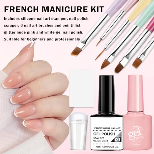 French Manicure Kit with Gel Polish, Nail Stamper & Brushes - Easy DIY
