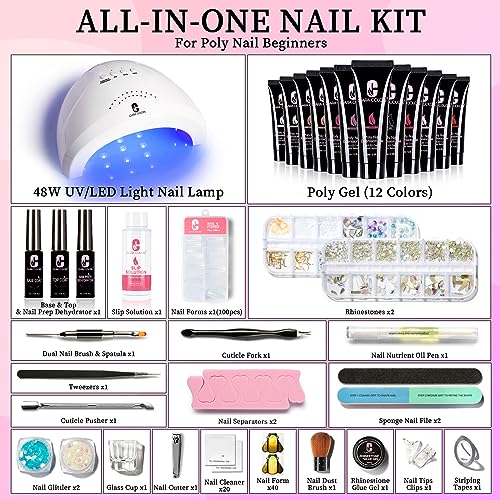 Clara Colors Poly Gel Nail Kit, 12 Colors Clear Jelly Nude Pink Poly Extension Gel Nail Kit with 48W UV Lamp All In One Polygel Nail Kit Starter Kit with Slip Solution and Tools for Nail Art DIY