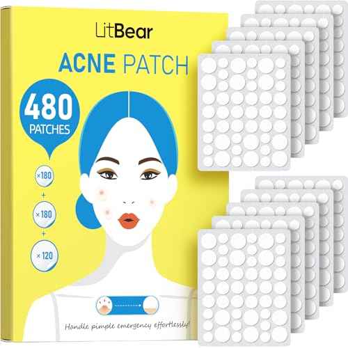 LitBear Pimple Patch Bulk, 480 Patches 3 Size Acne Patches for Face, Hydrocolloid Spot Stickers for Covering Zits, Blemishes, and Breakouts, Suitable for All Skin Types