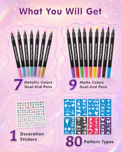 Lictin Temporary Tattoo Markers, 16 Colors with 80 Stencils