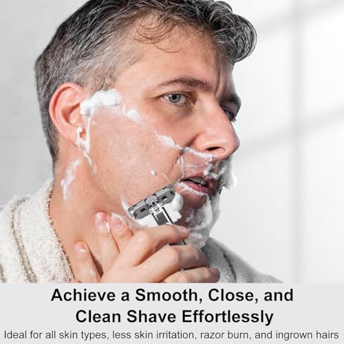 Dual-Blade Safety Razor with Pivoting Head, Reusable Metal Razors for Men, with 20 Double Edge Blades and Stand, Smooth Close Clean Shave, Silver