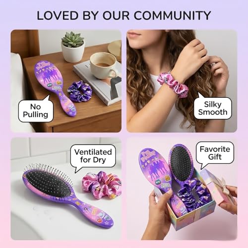 Purple Paddle Hair Brush Gift Set with Satin Scrunchies for Girls