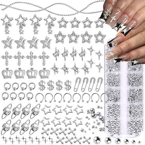 92pcs Star Nail Charms, 1 Box Silver Nail Pearls for Crafting Flat Back, Y2K Silver Metal Planet Cross for Acrylic Nail Art Rhinestones Dangling Star Nail Chains Cute Gems Manicure Decorations Bulk