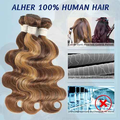 ALHER True 4/27 Body Wave Honey Blonde Highlight Ombre Colored 3 Human Hair Bundles 16 18 20 Inch 12A 100% Brazilian Virgin Remy Human Hair Soft Thick Wavy Sew In Weave Highlight Piano Color