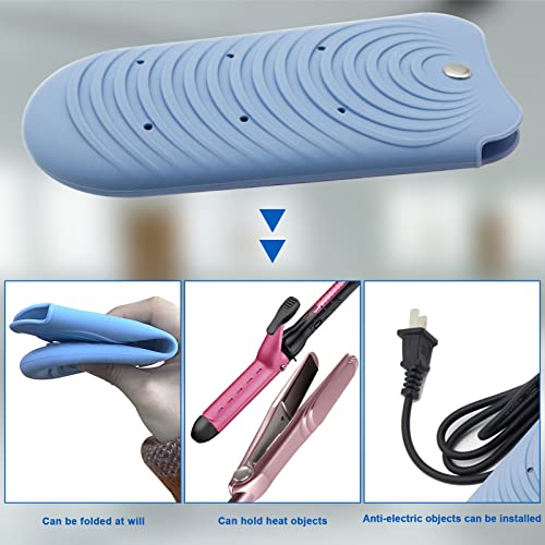 Heat Resistant Silicone Mat Pouch for Hair Styling Tools, Curling and Flat Irons Non-Slip Travel Cover, Small Portable Straightener Pad for Curler Wands Storage, Hot Waver (Blue)