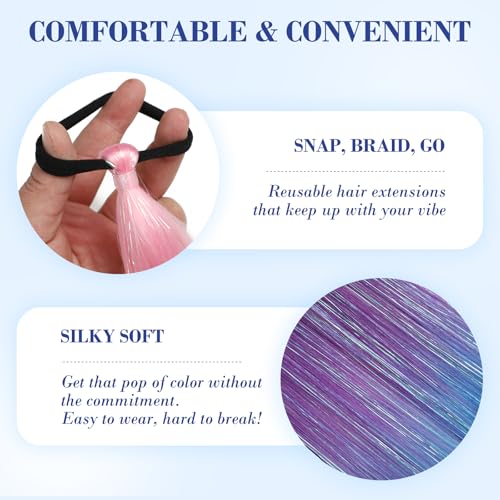 2Pcs 26-Inch Colored Hair Extensions with Tinsel - Pink, Purple, Blue Festival Style