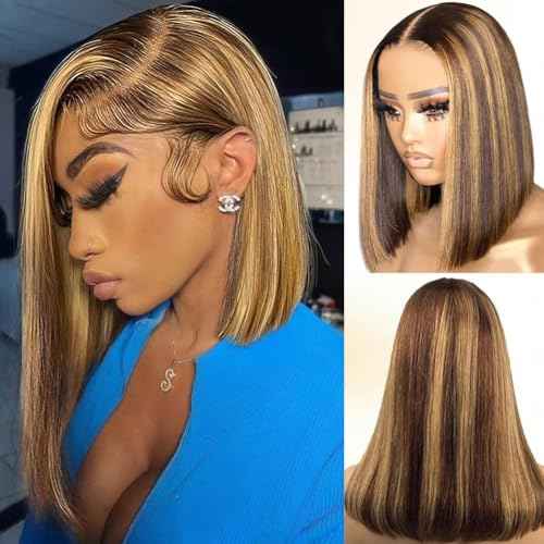 4/27 Ombre Highlight Bob Wig Human Hair 12 inch straight 427 bob wig 13x4 Highlight HD Lace Frontal Bob Wig Human Hair 180% Density Pre Plucked Ombre Short Bob Wigs for Black Women