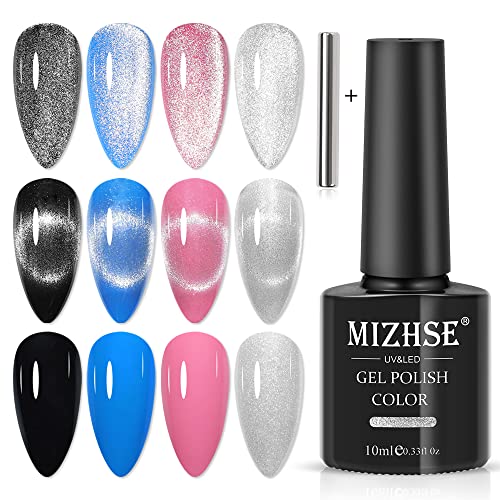 MIZHSE Upgraded 2 In 1 Universal Silver Cat Eye Gel Nail Polish, No Need Extra Top Coat, 10ml Magnetic Gel Polish with Magnet Stick Galaxy Effect Shiny Nail Gel Soak Off Nail Art Salon