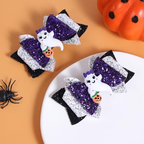 Halloween Ghost Hair Bow Clips Girls Cute Glitter Hair Clips 3 Layers Sparkly Hair Accessories for Halloween Party, Black & White & Purple